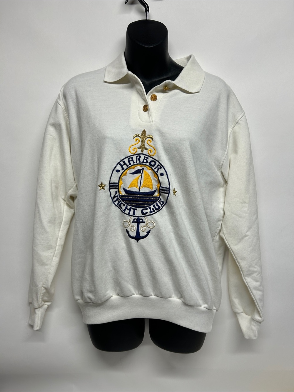Harbor Yacht Club Embroidered Shirt White Navy & Gold Trim size med vintage